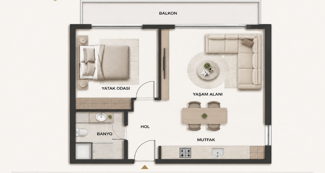 1+1 Butik daire planı